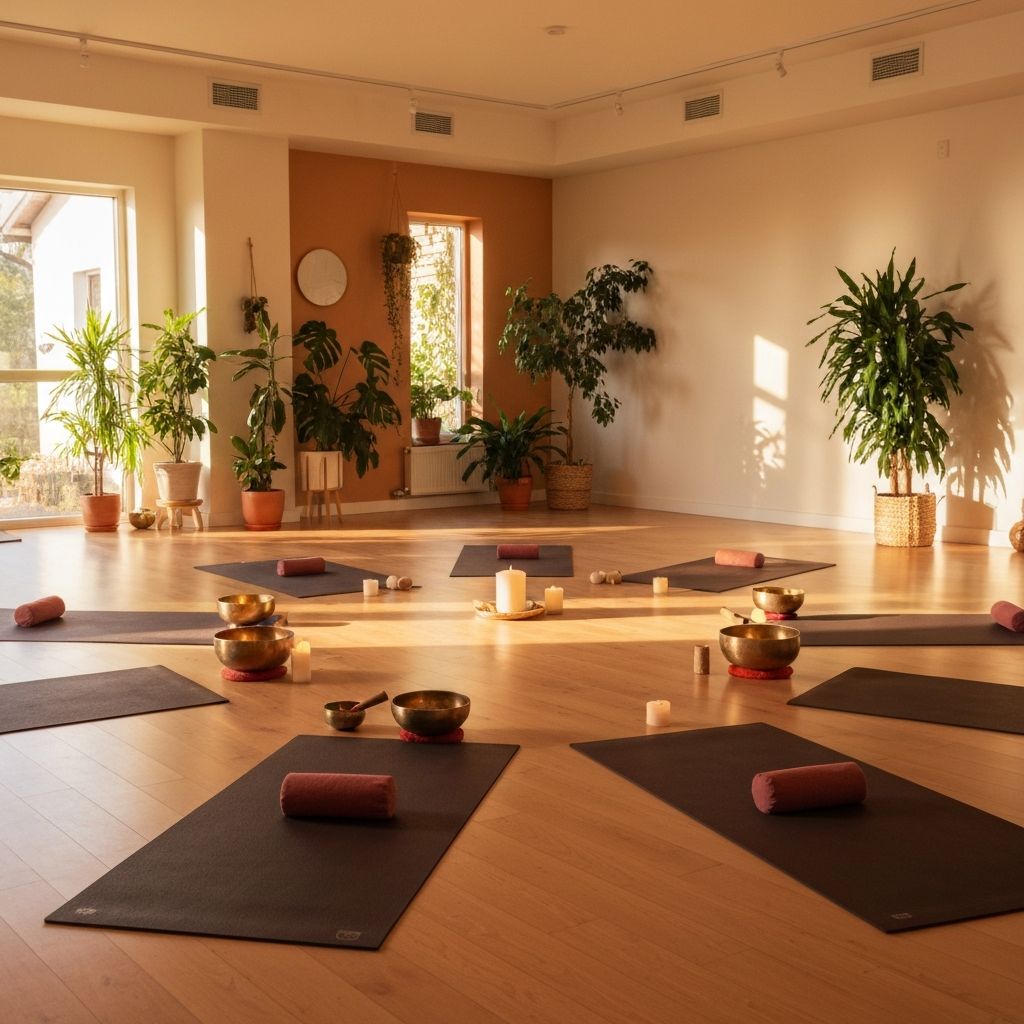 Indoor yoga and meditation studio with singing bowls and yoga mats arranged in a welcoming circle