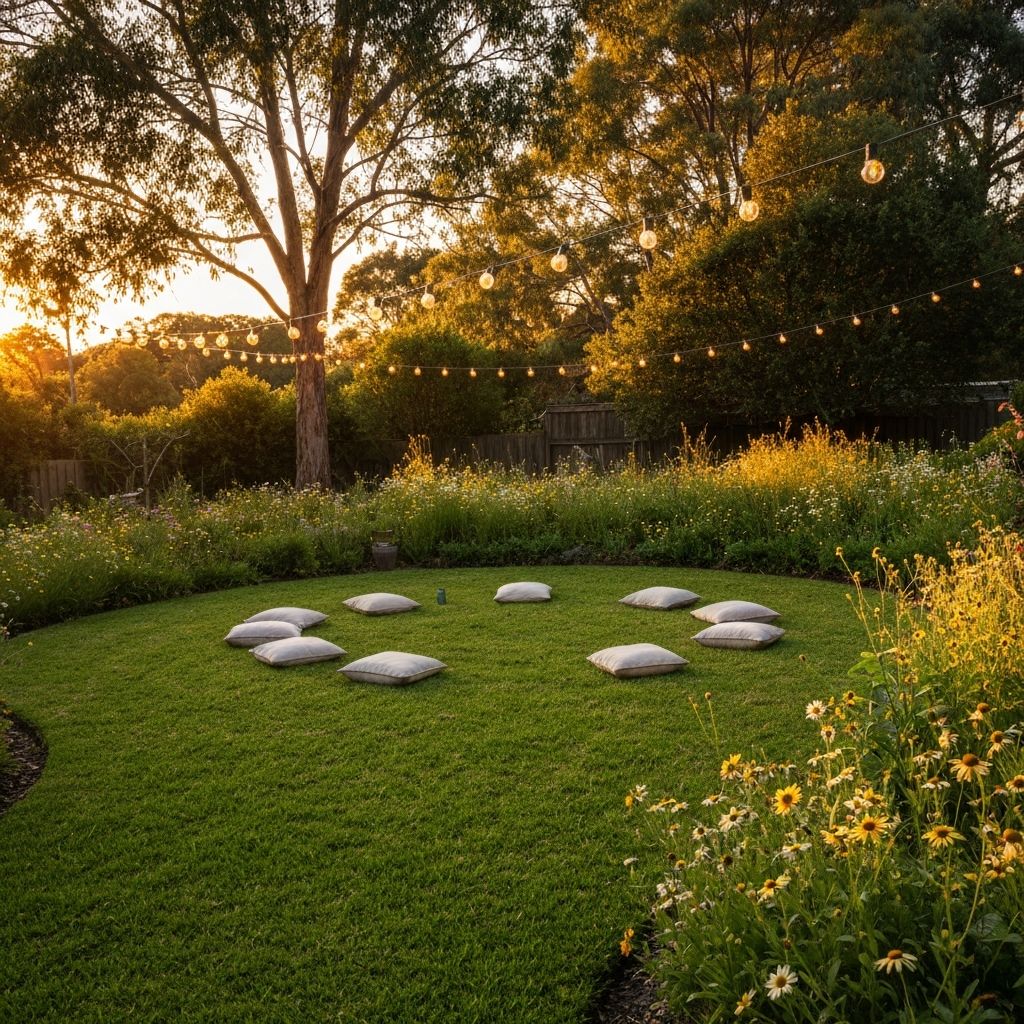 Peaceful outdoor garden meditation space at golden hour with cushions arranged in a circle