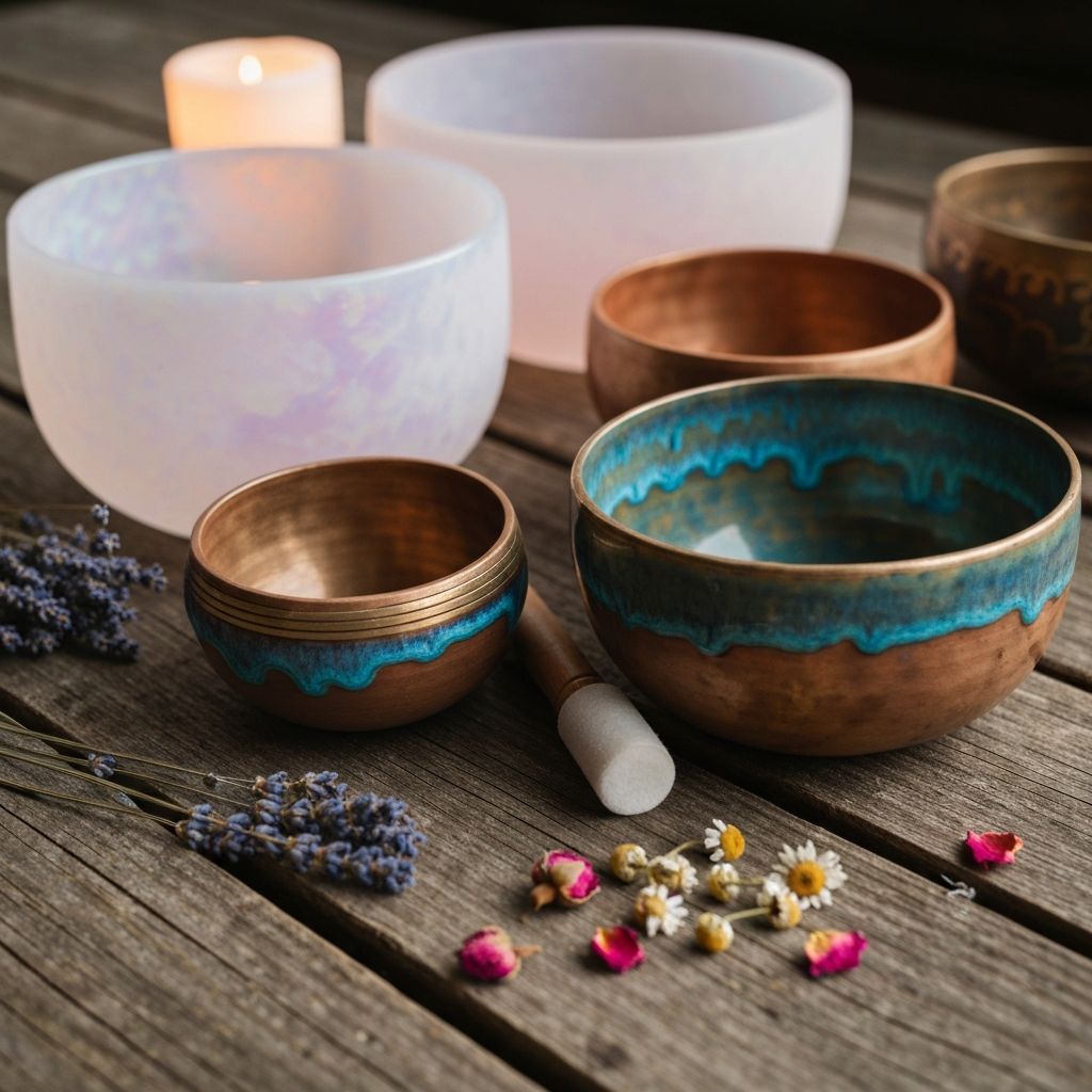 Collection of Tibetan singing bowls on a wooden surface in a zen atmosphere