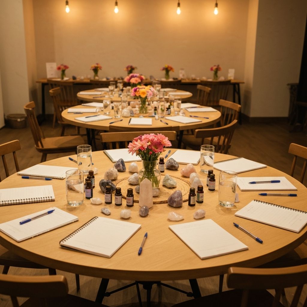 Community wellness workshop setup with tables decorated with crystals, essential oils, and herbal teas