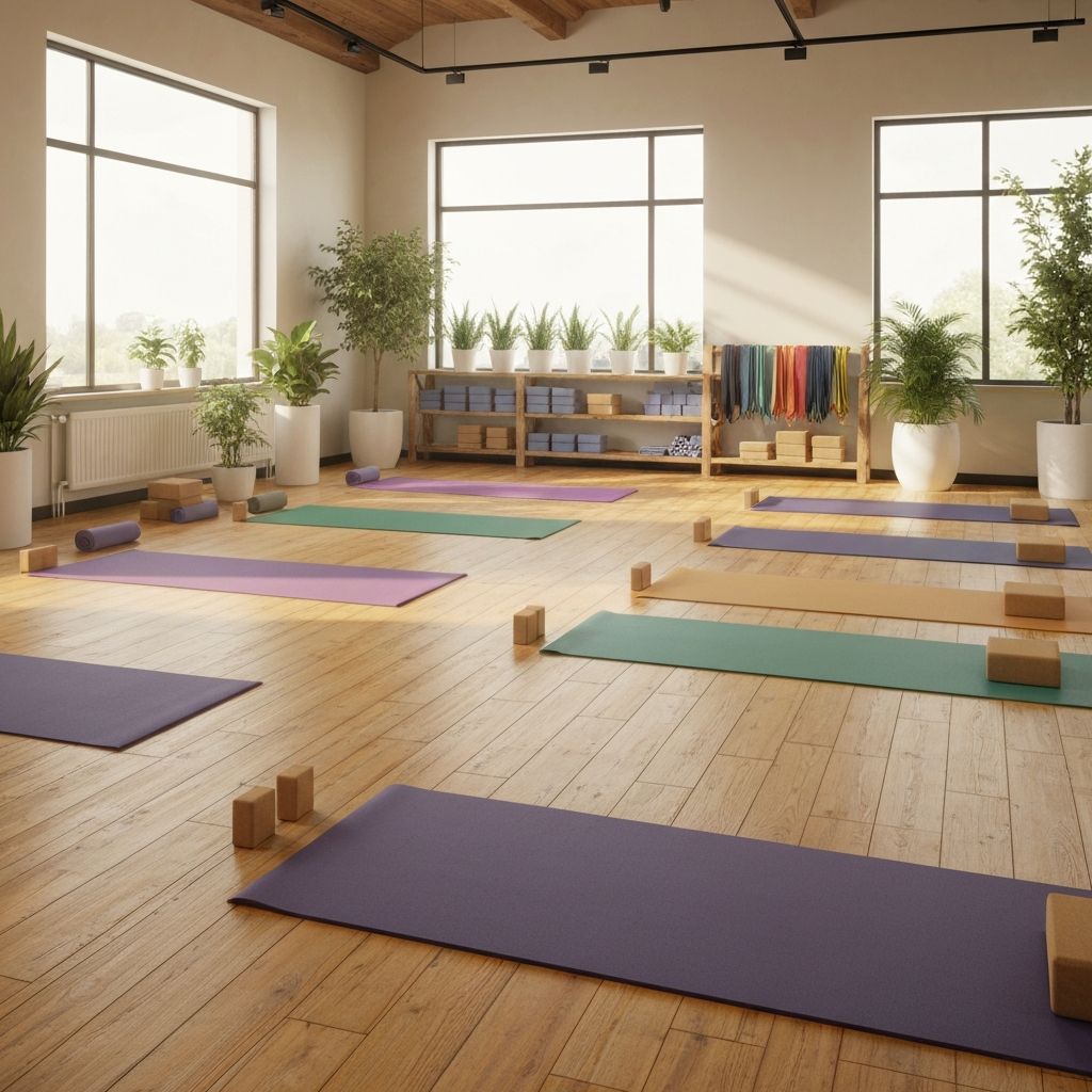 Bright yoga studio with colorful mats arranged neatly on a wooden floor, ready for a group session